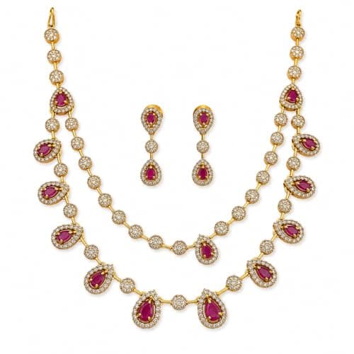 Dvina Glow Gold Plated American Diamond Necklace Set for Women | Ruby Pink Teardrop Stone CZ Necklace with Earrings | Bridal Jewellery Set for Wedding, Festive, Engagement, Traditional Indian Jewelry