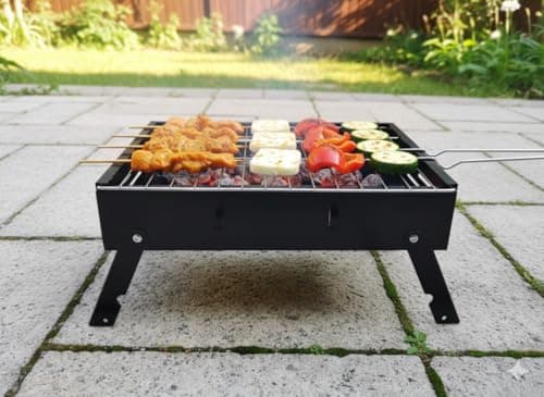 THEODORE Barbecue Grills - Foldable Charcoal Barbeque Grill With (2 Spatula, 1 Bbq, 12 Stick, 1 Air Blower) | Outdoor bbq grill tools for Camping Picnics Traveling - Stellar Black (Barbecue set) 3