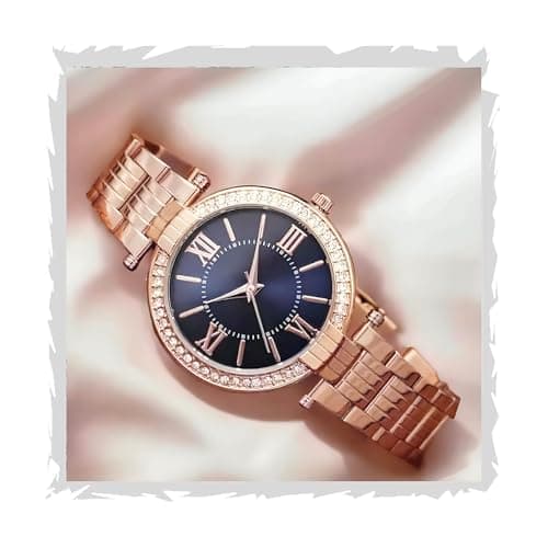 styledose Analogue Wrist Watches for Women's & Girls&Miss&Ladies Luxury Blue Dial with Roman Marker in Diamond Studded Round case with Rose Gold brecelet Strap Stylish Quartz Watches (Blue)