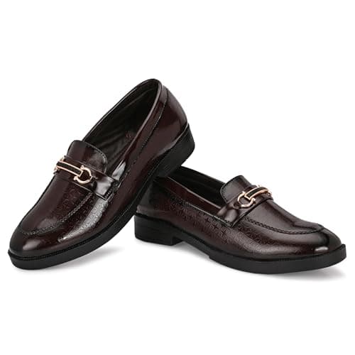 Men's Patent Leather Shiny Loafers | Shining Shoes for Wedding, Party and Festivals | Flexible TPR Sole and Comfortable Cushioned Insole | Stylish Shoes for Jeans, Kurta Pajama, Sherwani Brown