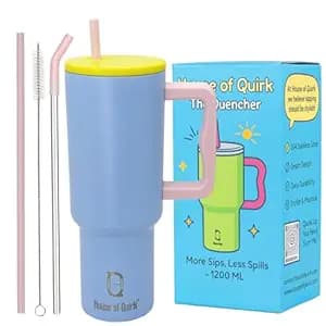 House of Quirk 1200ML Stainless Steel Tumbler with Handle & Lid, 2 Straws – Large Travel Mug Water Cup for Gym, Office & Outdoor Use (Mult-Color: Cloud)