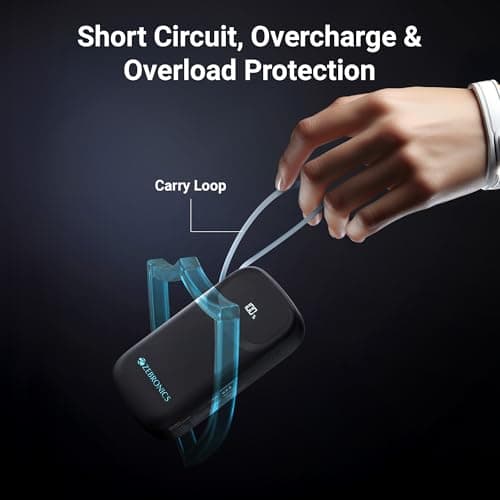 ZEBRONICS 10000 mAh Power Bank, Compact Design, 22.5W Fast Charging, Built-In (Type-C & Lightning Cable) Type-C Port, LED Percentage Indicator, For All Mobiles, Tablet, Earbuds, EnergiTank 10R2(Black) 5