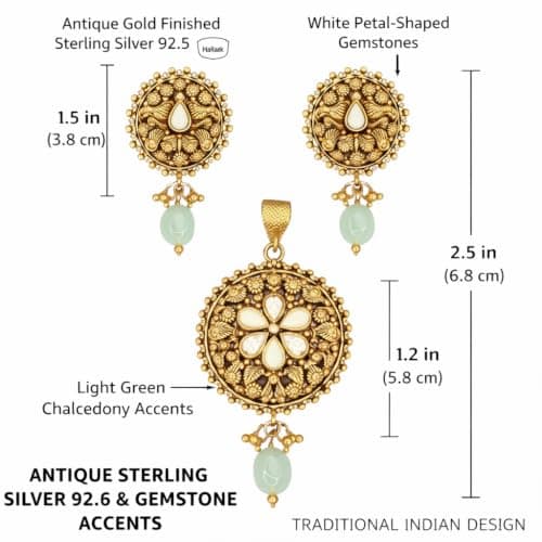 KANISHK JEWELLERS Antique Gold Finished Sterling Silver 92.5 Ethnic Pendant Jewelry Set with Green and White Gemstone Accents 4