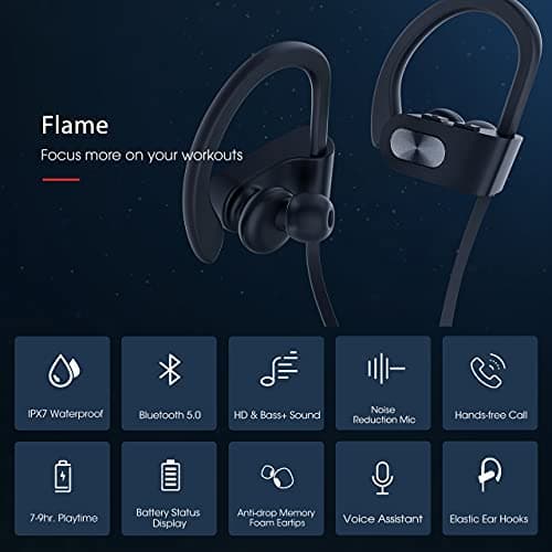 Redzoo Bluetooth Headphones V5.0, Flame Running Headphones w/16 Hrs Playtime, Bass+ HD Stereo Wireless Sports Earphones w/IPX7 Waterproof Earbuds in Ear for Workout, Gym w/CVC6.0 Noise Cancelling Mic 2