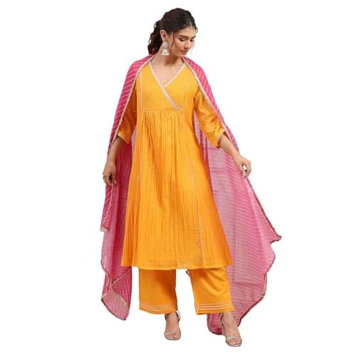 Biba Women Yellow Cotton Anarkali Suit Set_36
