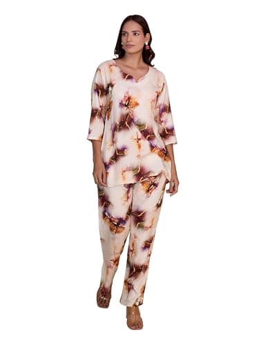 TITTLI Rayon Fabric All Over Printed Mandarin Collar Tunic & Trouser Co-Ord Set for Women | Three-Quarter Sleeves & Elastic Waist Bottom | Casual Wear | L, XL, XXL, 3XL | Co-Ord Set