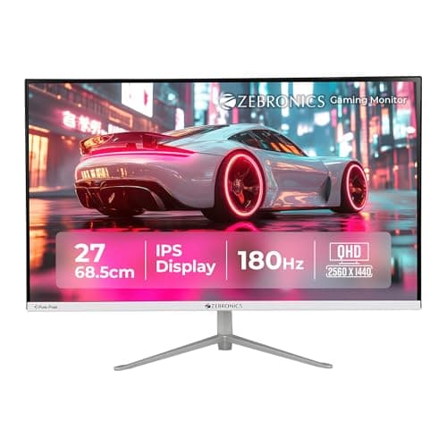 Zebronics 27 Inch QHD Gaming Monitor, 180Hz Refresh Rate, 1ms MPRT, IPS Display, 300 Nits, HDR10, 1.07B Colors, 2 x HDMI, 2 x DP, Bezel-Less Design, Built-in Speakers, Wall Mountable (A27QHD LED)