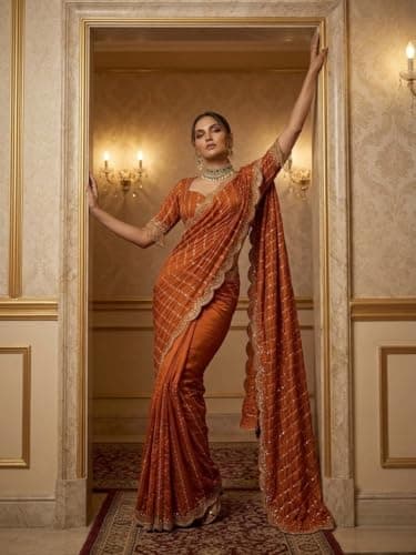 NIRLABH LIZZA Designer Saree for Women with Elegant Star Dot Embroidery Work Soft Fabric Traditional Ethnic Wear Saree with Rich Border & Blouse Piece for Festive Wedding Daily Wear (RUST ORANGE) 4