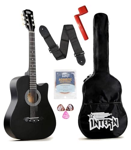 Intern 38 Inch Acoustic Guitar for Beginners with Bag, Strap, Strings, Picks & Winder | Cutaway Design | Steel String Guitar for Kids & Adults (Black)