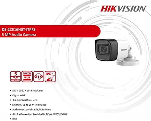 HIKVISION 5 MP Outdoor Bullet CCTV Ethernet Camera with inbuilt Audio Mic IP67 DS-2CE16H0T-ITPFS + BNC/DC, 1080p White 4