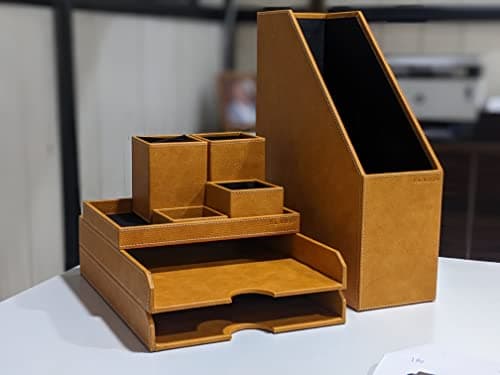CLADD INTERNATIONAL Vegan Leather All in One Multi Purpose Personal Compartment Desk Organizer Caddy | Private Cabin Set | Office Boss Table Gift Accessories | Professional Modular Home Decor | Yellow 2