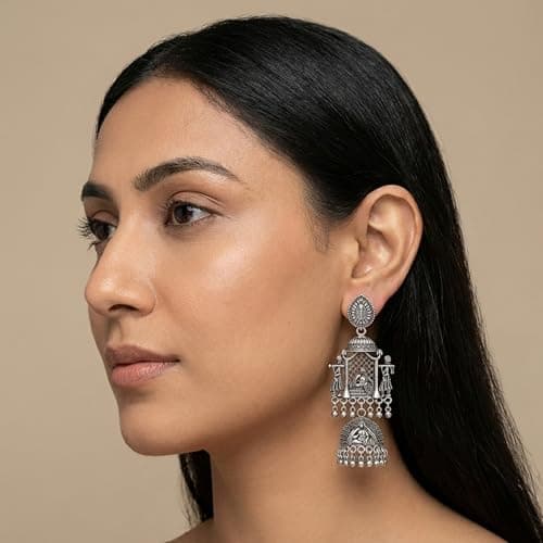 The Jewel Store India Traditional Oxidized Silver Palki Doli Long Jhumka Earrings for Women | Antique German Silver Ethnic Statement Jhumki for Wedding, Festive & Navratri | 10 CM Long 5