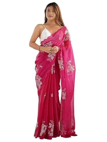 Flosive Women's Shimmer Organza Sequence Embroidery Saree With Unstitched Blouse Piece (RANI PINK)