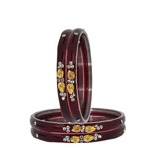 NMII Glass with Zircon Gemstone and Beads Studded Glossy Finished Kada For Women and Girls, Pack of 4, (Maroon_2.6 Inches) 5