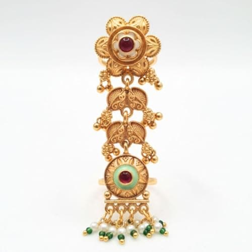 Iksava Traditional Gold Plated Meenakari Adjustable Floral Desgin Statement Double Finger Ring for Women and Girls | Bridal Ring for Women 4