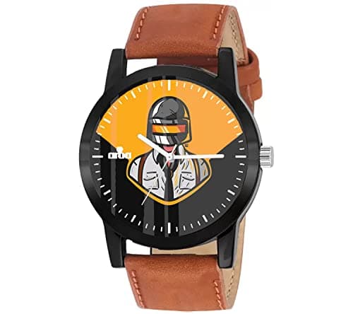 AROA Watch New Watch for Battleground Mobile India - Black and Yellow Black Metal Type Analog Brown Strap Watch Black and Yellow Dial for Men Stylish Watch for Boys