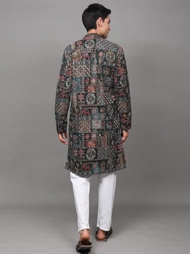Exotic India Multicolor Thread Embroidered Floral Motifs and Sequins work Georgette Kurta with Cotton Pajama | Ethnic Party Wear Kurta Pajama Combo Set for Men 4