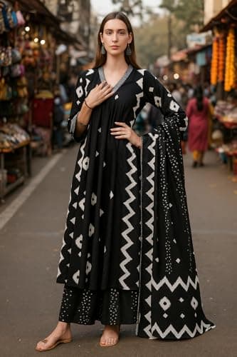 Yashika Women's Cotton Blend Printed Kurta with Pant & Dupatta| Kurta with Pants and Dupatta Set_AZ-YS-KS2174 BLACK_CG1-M 2