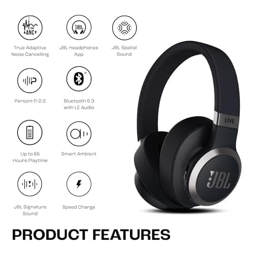 JBL Live 770NC True Adaptive Noise Cancellation Headphones Wireless Over Ear, Spatial Sound, 65Hrs Playtime, Speed Charge, Multipoint Connect & Personi-Fi 2.0, Customized EQ, Google Fast Pair, Black 2
