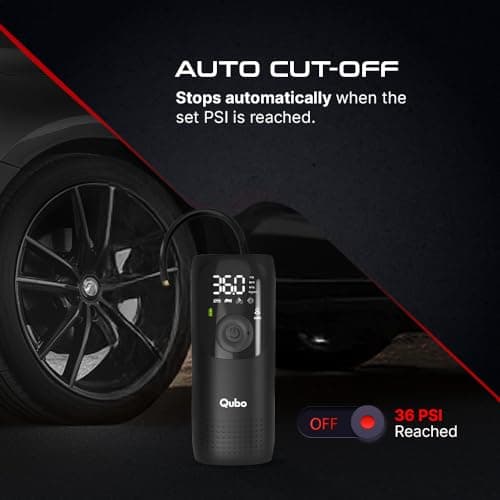 Qubo Smart Tyre Inflator PRO from Hero Group | Turbo Motor with Super Fast Inflation |150 PSI |Car 12V Port Input |Digital Display |5 Air Fill Modes |LED Light |Multiple Nozzles |Auto Cut-Off | Black 5