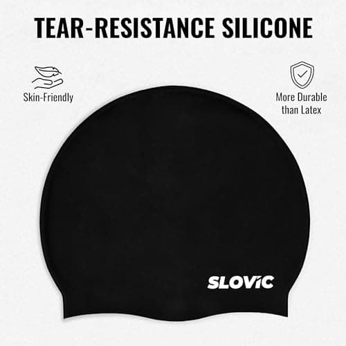 Slovic Swimming Cap for Men & Women [Black] | Swimming Caps for Women with Long Hair | Swimming Accessories for Men & Women | Unisex & Waterproof Silicon Cap to Prevent Chemical Damage | Free Size 4