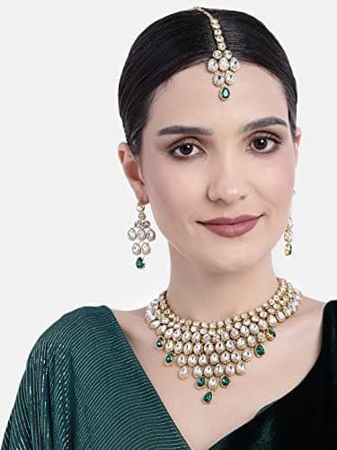 Peora Gold-plated Brass and Kundan Jewellery Set With Earrings Mang Tika for Women & Girls (Green) 3