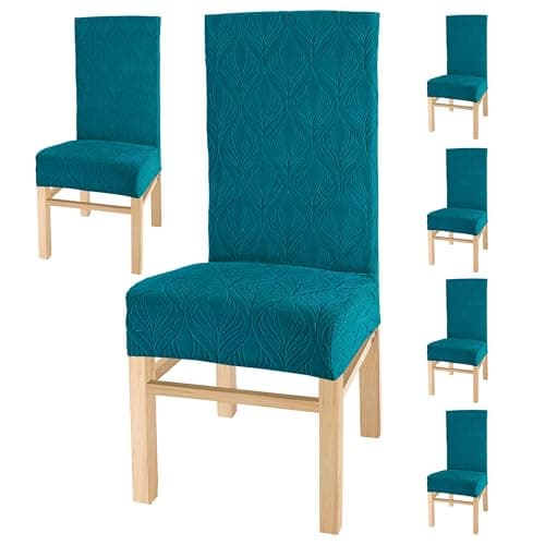 Yellow Weaves Elastic Stretchable Dining Chair Covers, Removable Washable Elastic Self Jacquard Dining Chair Covers (Set of 6, Botanical Peacock Blue)