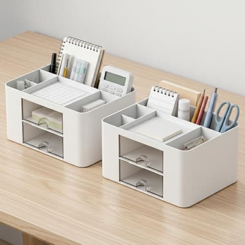 Amazon Basics Desk Organiser with 7 Compartments | 19.7 × 14.2 × 10 cm | White | Durable Plastic | Pack of 2