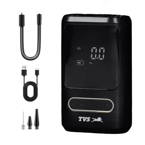 TVS Portable Tyre Air Inflator 150 PSI – Digital Meter, LED Light, Multi-Nozzle, Multi-Mode, Rechargeable 2000 * 2 mAh Battery Air Pump for Car and Bike