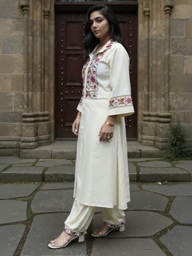 INDO ERA Women's Viscose Rayon Ethnic Motifs Embroidered Flared Kurta & Pant Set (Beige_IEAI11220_X-Large) 3
