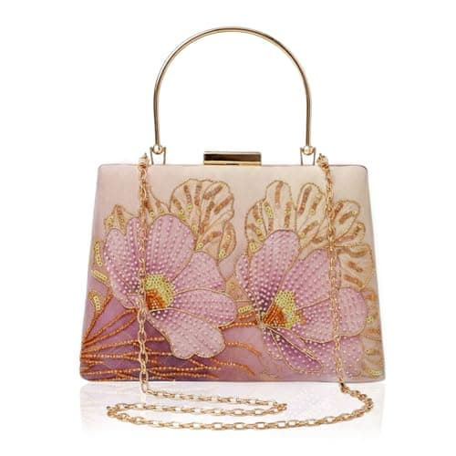 Artklim Printed Blush Pink Embroidery Bag for Women with Detachable Chain Strap | Designer Wedding Festive Evening Handbag