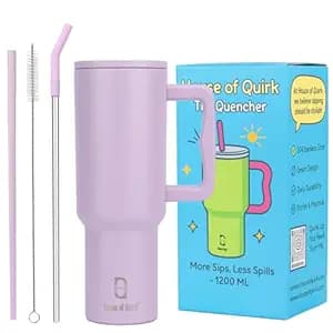 House of Quirk 1200ML Stainless Steel Tumbler with Handle & Lid, 2 Straws – Large Travel Mug Water Cup for Gym, Office & Outdoor Use (Lavender Mist)