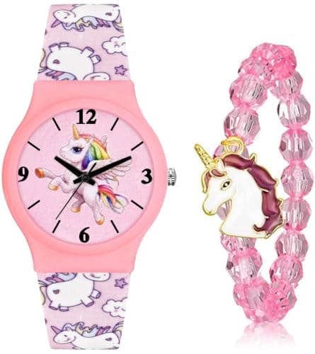 Acnos Cartoon Character Watch Bracelet Combo for Girls Pink Analog Watch Unicorn Print & Matching Unicorn Bracelet