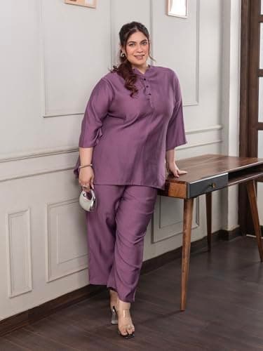 TITTLI Rose Colour Rayon Co-Ord Set | Plus Size Mandarin Collar Tunic with Three-Quarter Sleeves & Elastic Waist Trousers for Women | Casual Outfit (Rose, 5XL) 4