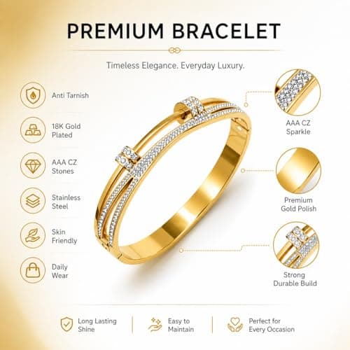 MIAMI Bracelets for Women Stylish Anti Tarnish Kada for Women Stainless Steel Crystal Bar Bracelet Gold Plated Open American diamond Bangle Stone Studded Jewellery for Women Girls Trendy Bracelet 600 4