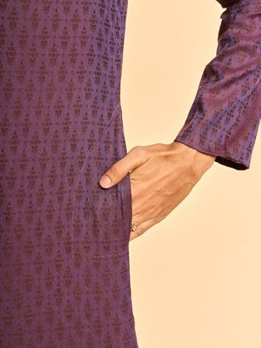DIWAS BY MANYAVAR Men's Viscose Blend Neck Embroidered Self Design Kurta (Purple,L) 4