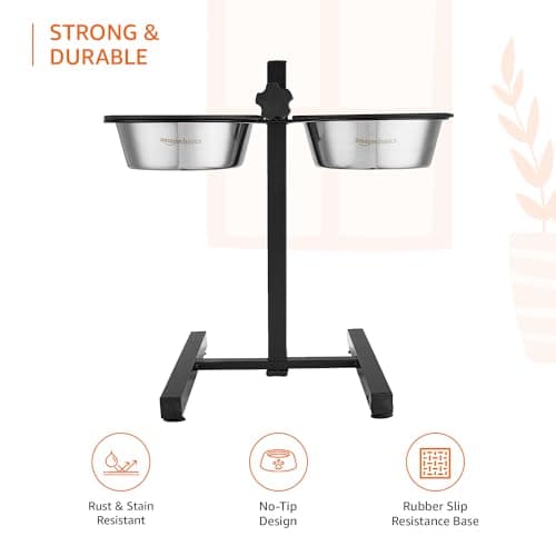 Amazon Basics Adjustable Double Diner for Pet Food and Water | 1500 ml Each | Two Removable Stainless Steel Bowls | Cat and Dog Food Bowl | Adjustable Height | Extra Rubber Support | H-Base 3