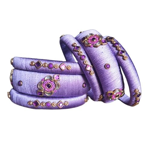 Silk Thread Bangles Set for Women – Purple Color, Kundan Work, Lightweight, Handmade Indian Jewelry (Set of 6, Multiple Sizes) (2.6)