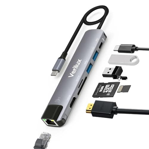 Verilux® USB Hub for Laptop with Ethernet RJ45 7 in 1 USB Type C Hub with 4K@60Hz HDMI for Nintendo Switch 2 SD/TF Card Reader PD Charge Multi USB 3.0 Port for MacBook iPhone 17 with 24CM Cable