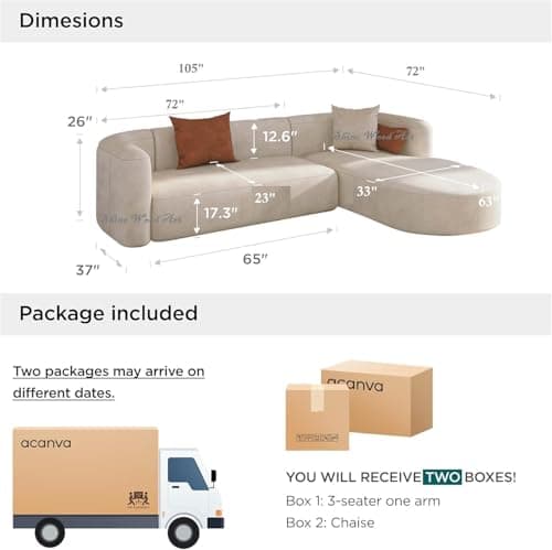 SHINE WOOD ART 105" Luxury Modern Tight Curved Back Velvet Sofa, Minimalist Style Comfy Couch for Living Room Apartment, L-Shape Chaise, Cream 2