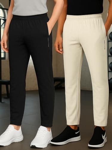 BULLMER Trendy Solid Cotton Blend Regular Fit Trackpant for Men | Mid-Rise Trackpant for Men - Pack of 2_Black/Beige_Medium 2