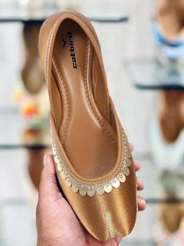 CatBird Women’s Designer Jutti with Embellished Border | Soft Cushioned Ethnic Mojari | Lightweight Slip-On Traditional Footwear | Festive 5 UK Tan 3