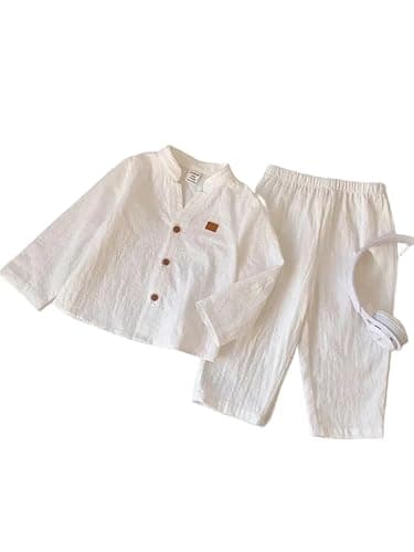 New Casual Popcorn Fabric Self-Design Long Sleeve Shirt with Elastic Waist Pants stylish Clothing Set for Baby Boys,Suitable for All Seasons (White, 3-6 Month)