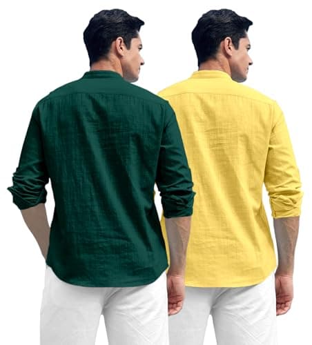 SHOPYCLICK Men’s Cotton Polyester Blend Kurta Shirt | Mandarin Collar Short Placket | Full Sleeve Casual & Ethnic Wear | Lightweight Breathable Fabric | Perfect for Festive, Party Green-Yellow 2