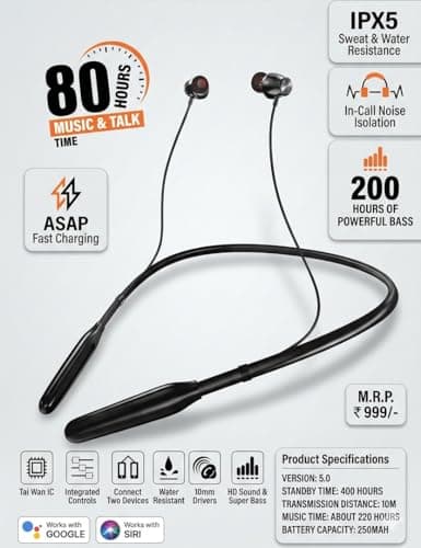 DUBiK Bluetooth Neckband Wireless Earphones, IPX5 Water Resistant, 80 Hours Playtime, in-Call Noise Isolation, ASAP Fast Charging, Type-C, Works with Google and Siri, Black 2