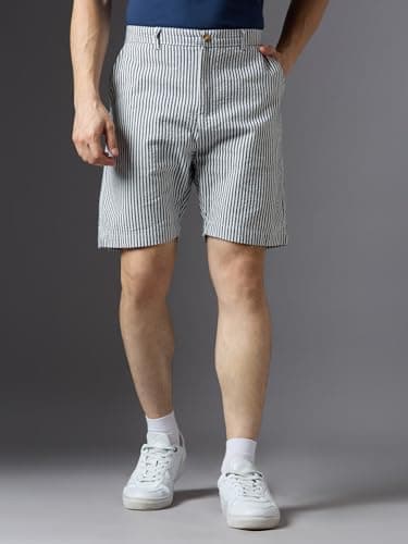 Ink India Company Men Striped Regular Fit Flat-Front Linen Shorts (in, Alpha, M, Regular, Blue Striper) 2
