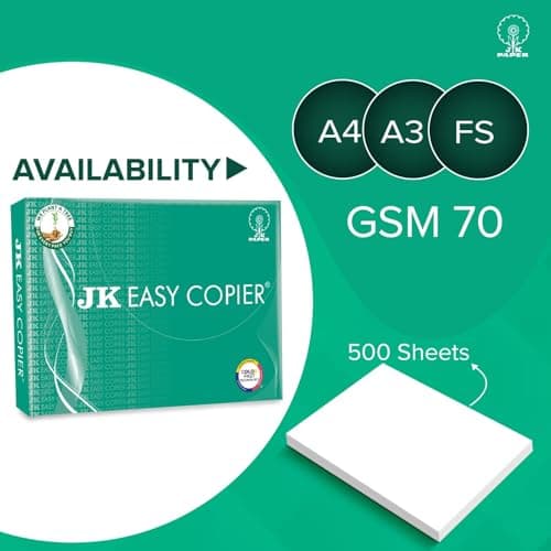 JK Easy Copier Paper | A4 Size | 70 GSM | 500 Sheets | White Paper, 1 Ream | For Laserjet & Inkjet Printer | Fast Drying | Both Side Print | Eco Friendly | ColorLok (Pack of 1) | One Ream 2