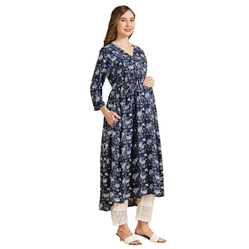 MomToBe Women's Rayon Maternity Kurta/Pregnancy Kurti/Easy Breastfeeding Kurta with Zippers for Nursing Pre and Post Pregnancy (Dark Blue :: X-Large) 3