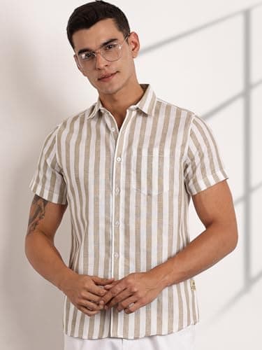 Thomas Scott Mens Half Sleeves Cotton Linen Striped Casual Shirt (TS1375_Brown, 3XL) 5
