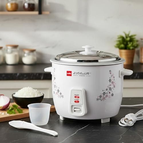 CELLO Iris Electric Rice Cooker with Single Pot 1.5L White | 500W Power, Removable Aluminium Non-Stick Bowl with SS Lid, Cool Touch Handle, One Touch Automatic Warm Function, For Rice Pulao Maggi Soup 2